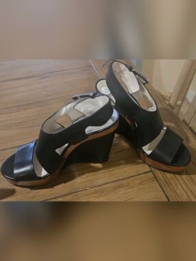 Michael Kors Black Leather Wedge Sandals with Wood-Trim Sole